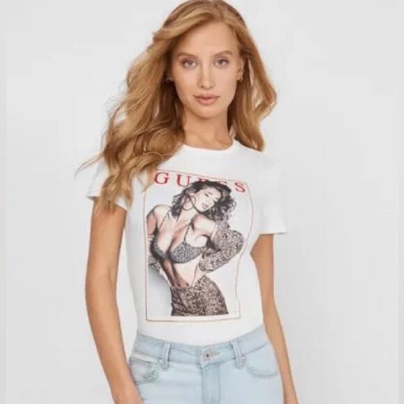 Guess Classic Model T-Shirt White Print Glitter Design Size Medium - Picture 2 of 8